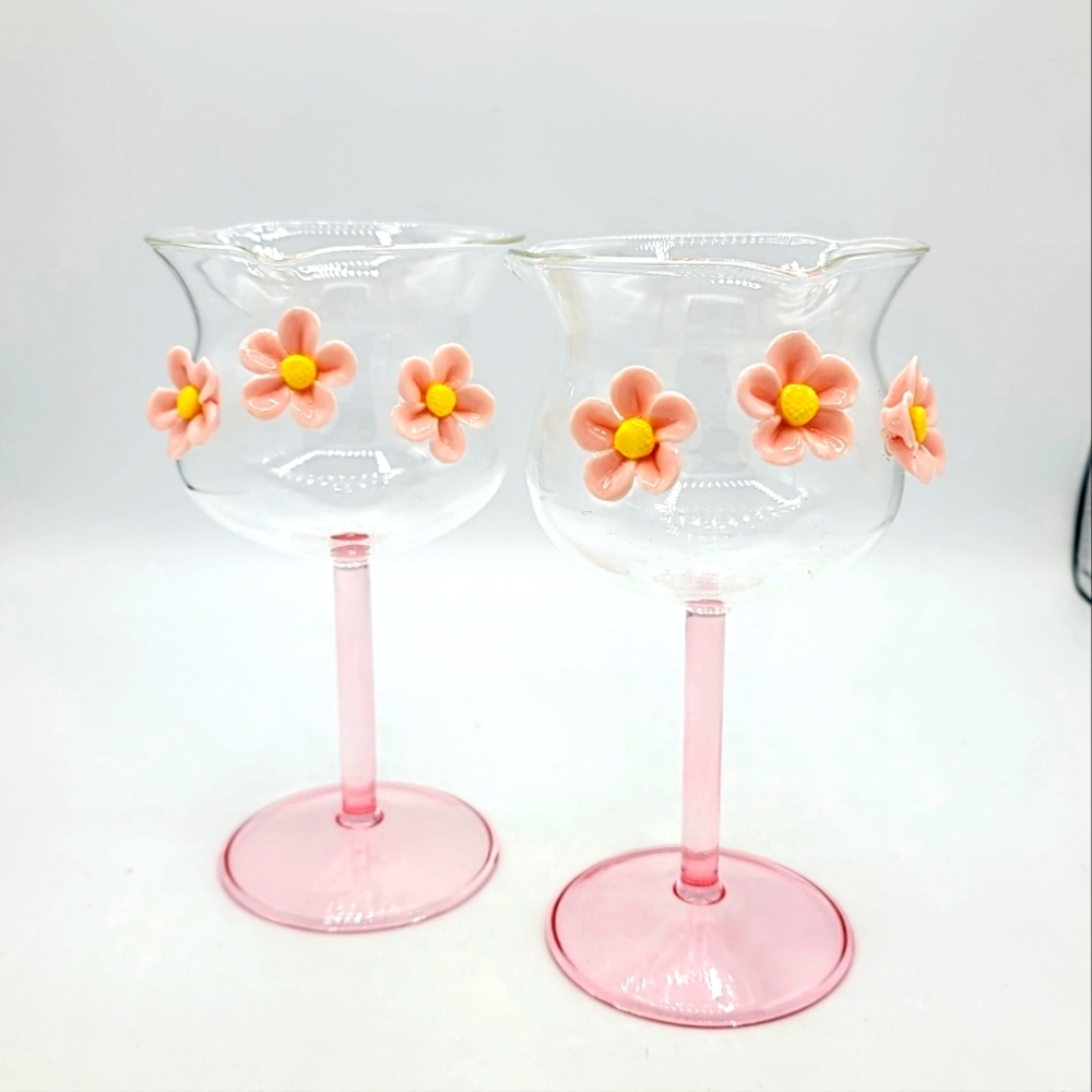 Pink Daisy Wine Glasses, 3D Pinch Petal Floral Stemware, Cottagecore Set of 2